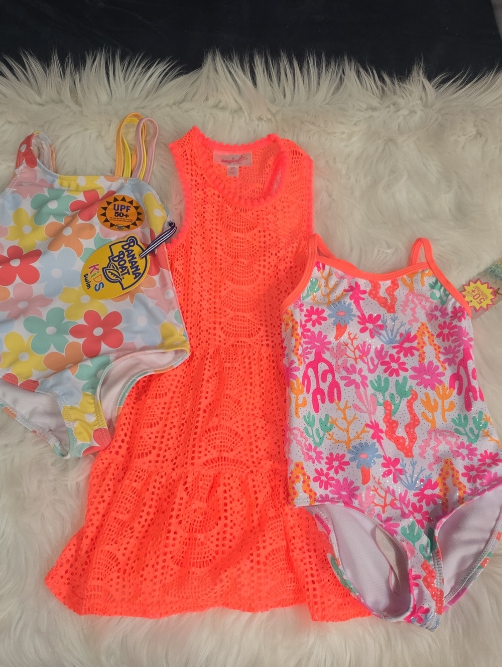 Kids One Piece Swim Suit Set w Neon Orange Crochet Cover-Up
